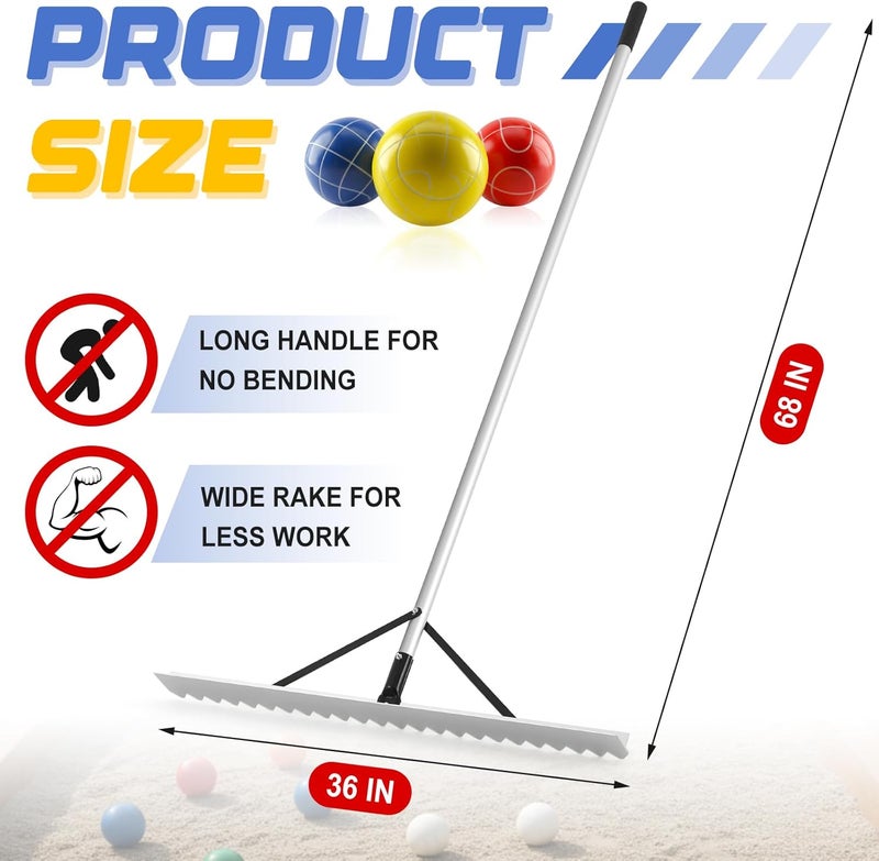 Yaocom 36" Width Bocce Court Rake 2 in 1 Bocce or Tennis Court Scarifier Aluminum Maintenance Rake, Straight Edge for Smoothing/Teeth Side for Scarifying - Image 2